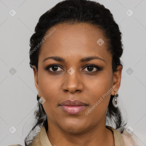 Neutral black young-adult female with short  black hair and brown eyes