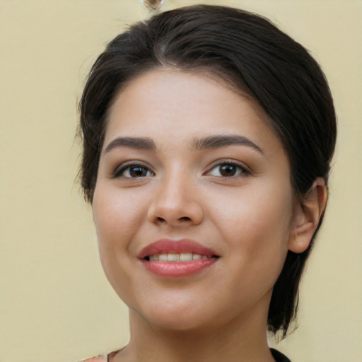 Joyful white young-adult female with medium  brown hair and brown eyes