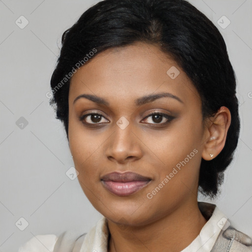 Joyful asian young-adult female with medium  black hair and brown eyes