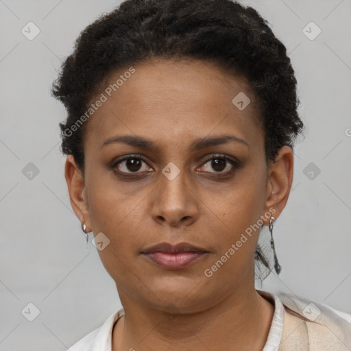 Neutral black young-adult female with short  brown hair and brown eyes