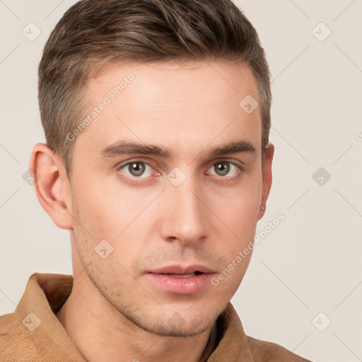 Neutral white young-adult male with short  brown hair and grey eyes