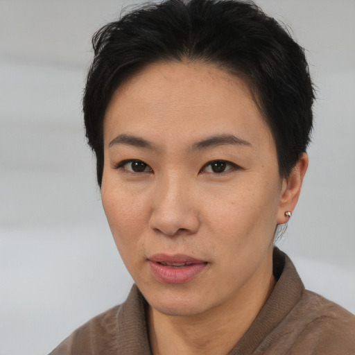Neutral asian young-adult female with short  brown hair and brown eyes