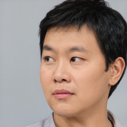 Neutral asian young-adult male with short  black hair and brown eyes