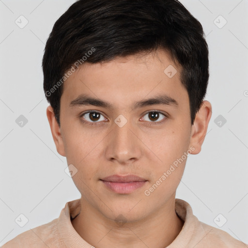 Neutral white young-adult male with short  brown hair and brown eyes