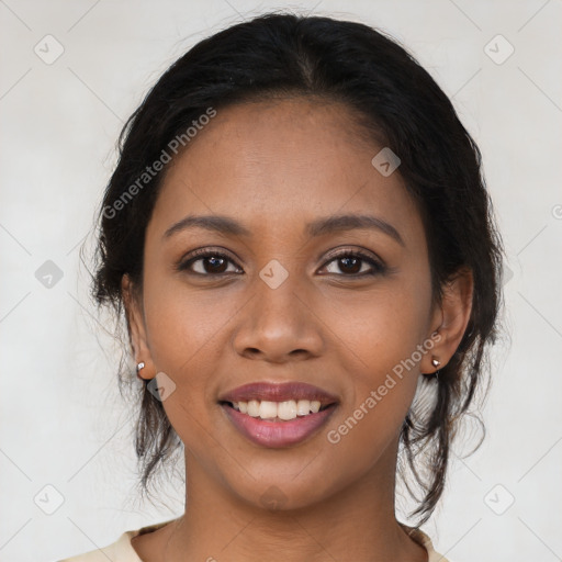 Joyful latino young-adult female with medium  brown hair and brown eyes