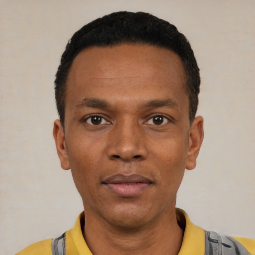 Neutral black young-adult male with short  black hair and brown eyes