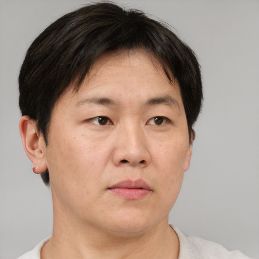 Neutral asian adult male with short  brown hair and brown eyes