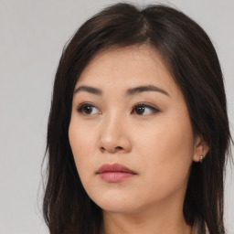 Neutral asian young-adult female with long  brown hair and brown eyes