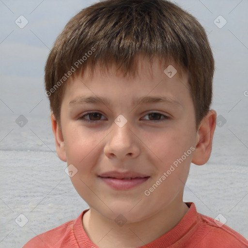 Joyful white child male with short  brown hair and brown eyes