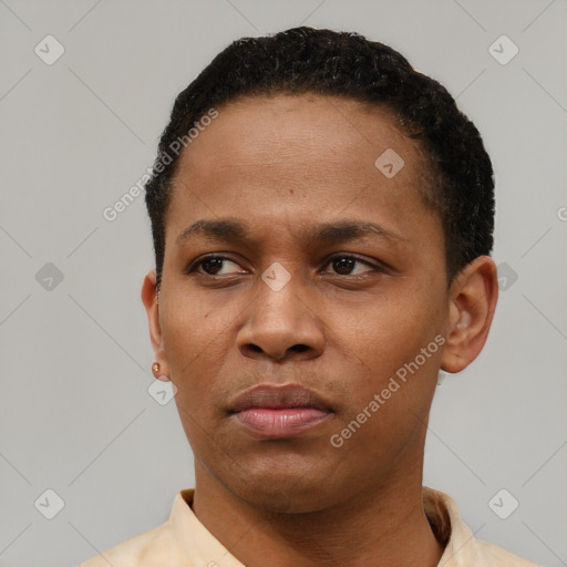 Neutral latino young-adult female with short  black hair and brown eyes