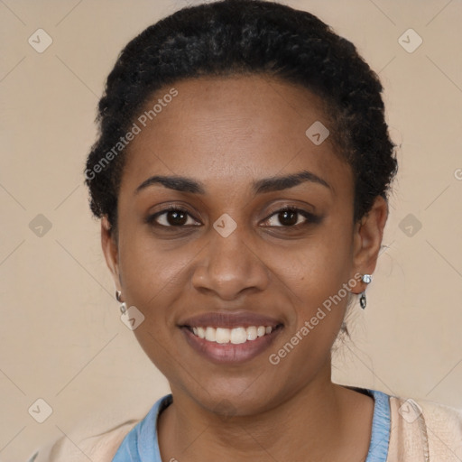 Joyful latino young-adult female with short  black hair and brown eyes