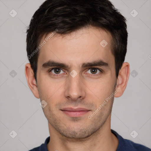 Neutral white young-adult male with short  brown hair and brown eyes