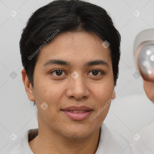 Joyful asian young-adult female with short  brown hair and brown eyes