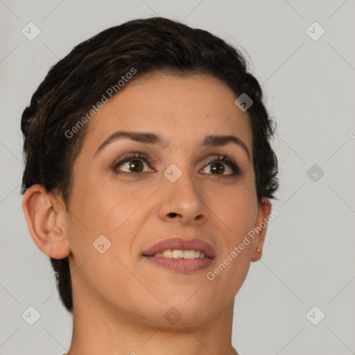 Joyful latino young-adult female with short  brown hair and brown eyes