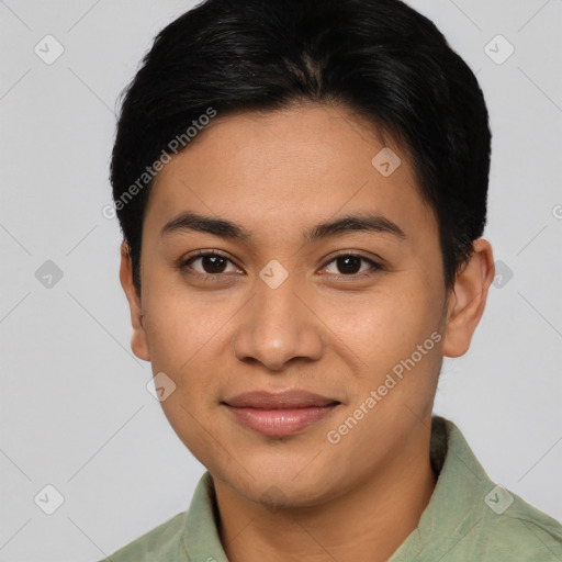 Joyful asian young-adult female with short  brown hair and brown eyes