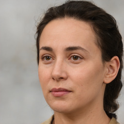 Neutral white adult female with medium  brown hair and brown eyes