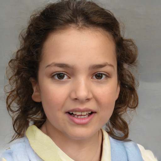 Joyful white child female with medium  brown hair and brown eyes