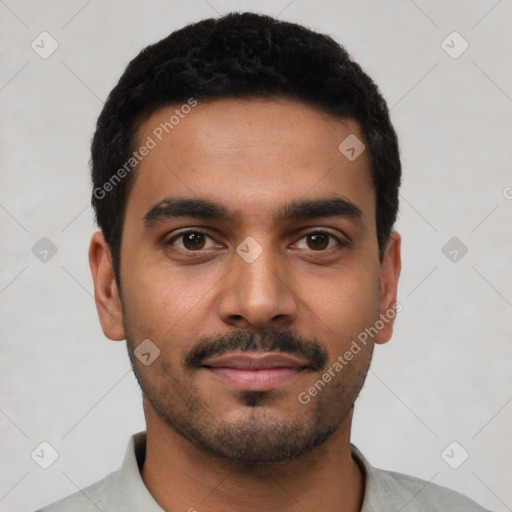 Neutral latino young-adult male with short  black hair and brown eyes