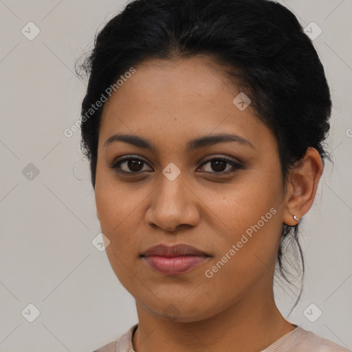 Joyful latino young-adult female with medium  brown hair and brown eyes