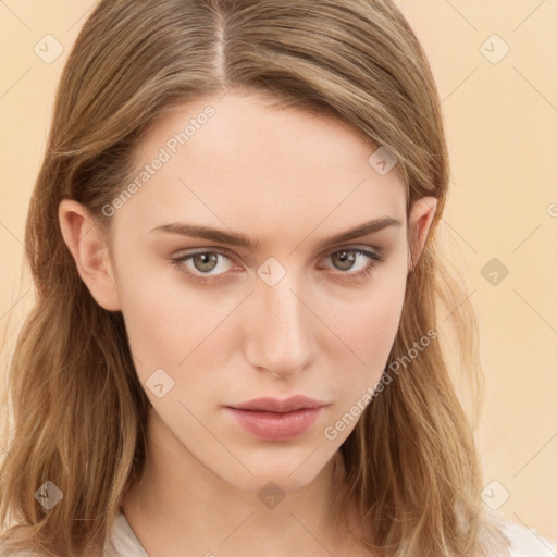 Neutral white young-adult female with long  brown hair and brown eyes