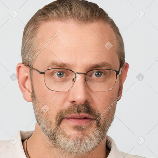 Neutral white adult male with short  brown hair and grey eyes