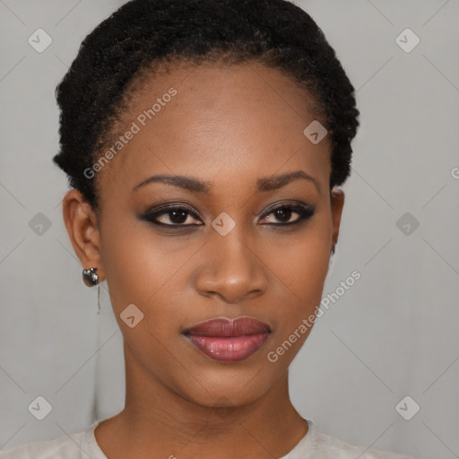 Joyful black young-adult female with short  black hair and brown eyes