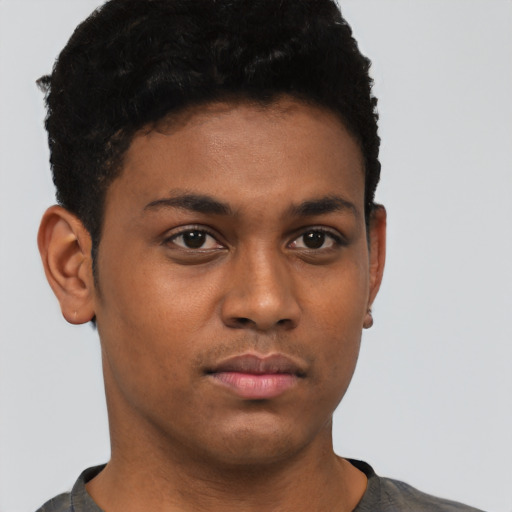 Neutral black young-adult male with short  black hair and brown eyes