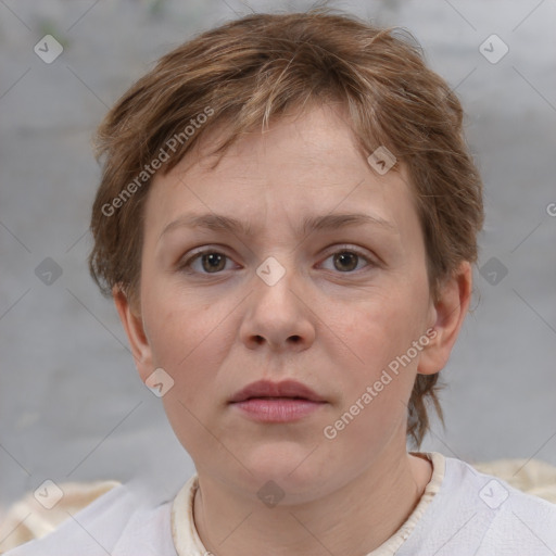 Neutral white young-adult female with short  brown hair and brown eyes