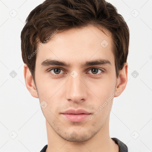 Neutral white young-adult male with short  brown hair and brown eyes