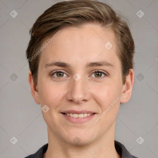 Joyful white young-adult female with short  brown hair and grey eyes