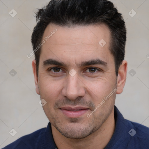 Joyful white young-adult male with short  black hair and brown eyes