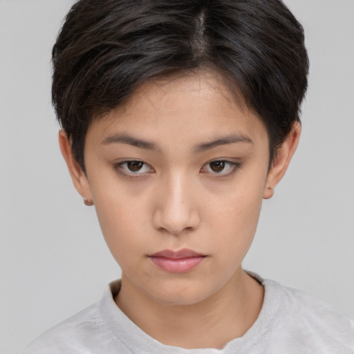 Neutral white young-adult female with short  brown hair and brown eyes