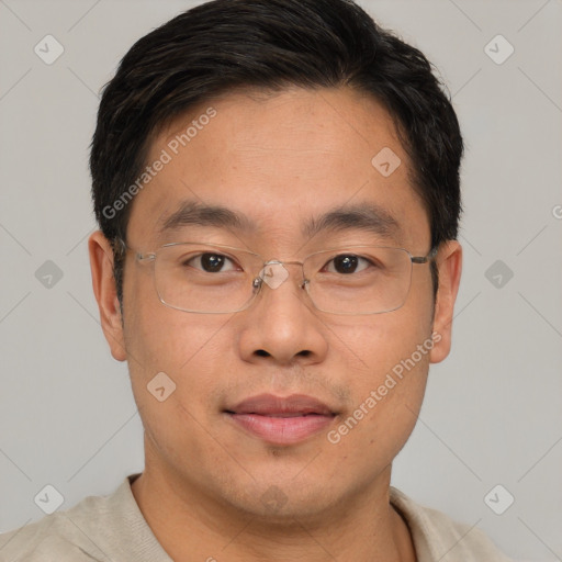 Joyful asian young-adult male with short  brown hair and brown eyes