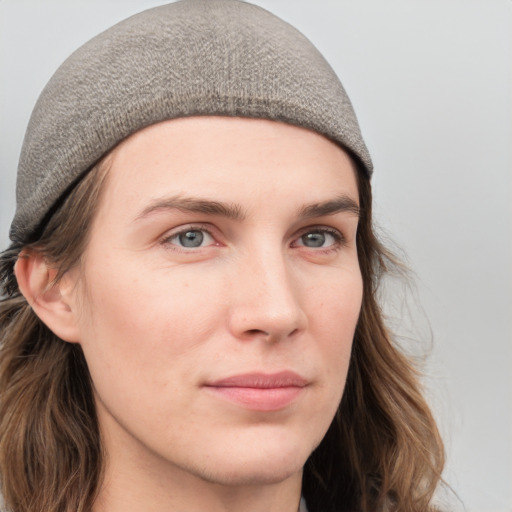 Neutral white young-adult female with long  brown hair and grey eyes