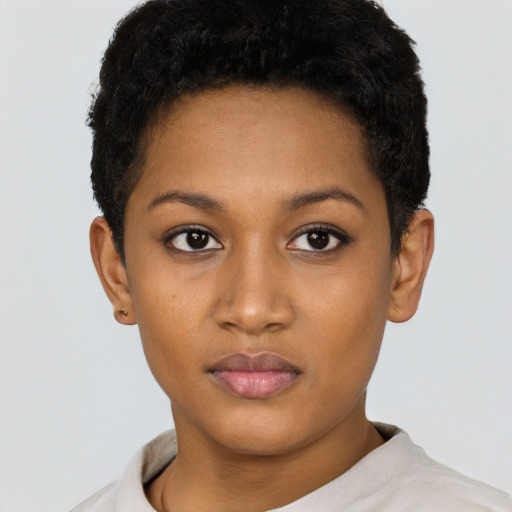 Neutral black young-adult female with short  black hair and brown eyes