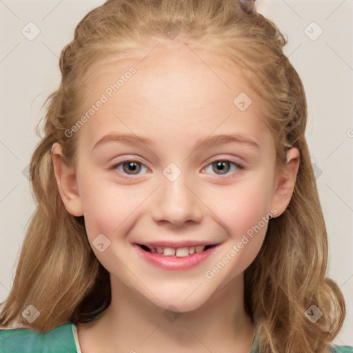 Joyful white child female with medium  brown hair and blue eyes