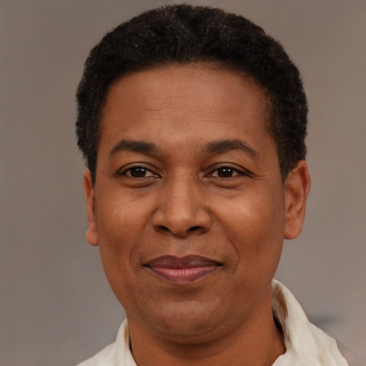 Joyful black adult male with short  brown hair and brown eyes