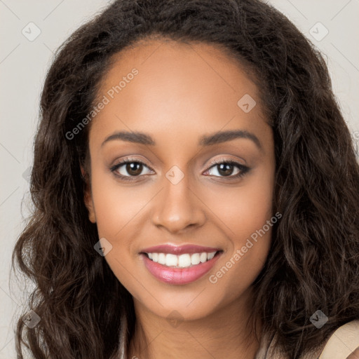 Joyful latino young-adult female with long  brown hair and brown eyes