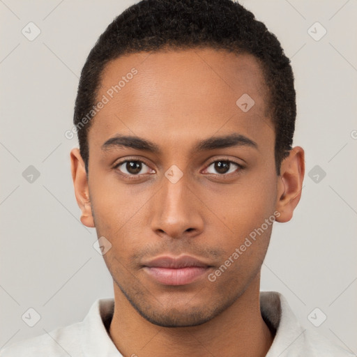 Neutral latino young-adult male with short  brown hair and brown eyes