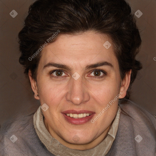 Joyful white adult female with short  brown hair and brown eyes