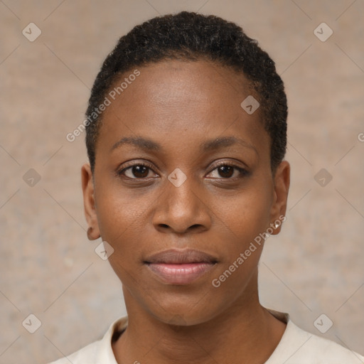 Neutral black young-adult female with short  black hair and brown eyes