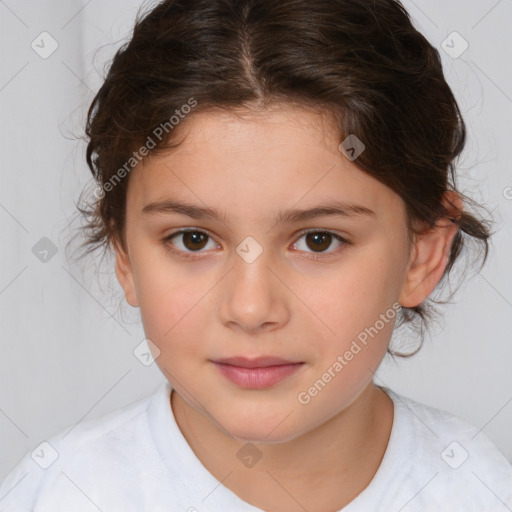 Joyful white child female with medium  brown hair and brown eyes