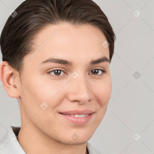 Joyful white young-adult female with short  brown hair and brown eyes