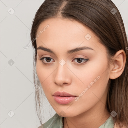 Neutral white young-adult female with long  brown hair and brown eyes