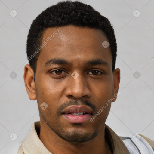 Neutral latino young-adult male with short  black hair and brown eyes