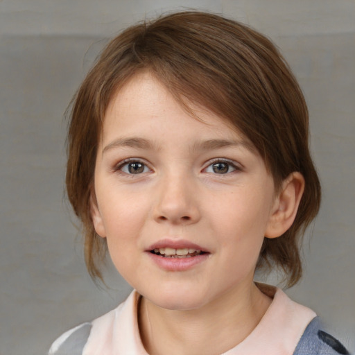 Joyful white child female with medium  brown hair and brown eyes