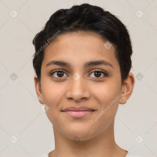 Joyful latino young-adult female with short  brown hair and brown eyes