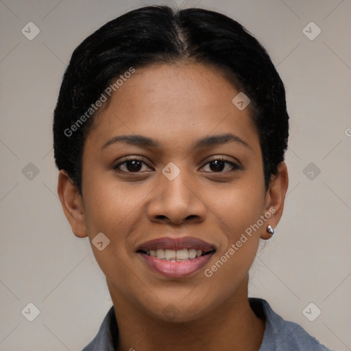 Joyful latino young-adult female with short  black hair and brown eyes