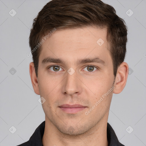 Neutral white young-adult male with short  brown hair and brown eyes