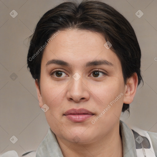 Joyful asian young-adult female with medium  brown hair and brown eyes